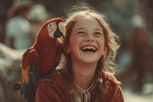 A girl shares a joyful laugh with a vibrant parrot perched on her shoulder, surrounded by a lively outdoor atmosphere filled with excitement photo