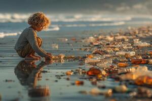A child crouches by the shoreline, studying plastic debris scattered across the sand, highlighting the need for environmental care photo