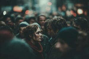 Amidst a crowded street, a couple shares a deep gaze, surrounded by blurry faces and warm city lights as twilight sets in photo