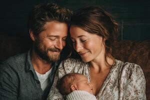 Couple smiles lovingly at each other while holding their sleeping baby in a serene indoor atmosphere during the evening photo
