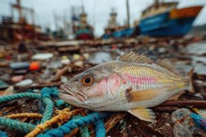 A marine fish rests on a littered shoreline with colorful ropes and trash scattered around, while fishing boats are moored in the background photo