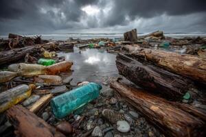 Colorful plastic bottles and driftwood scattered on a rocky beach reveal the environmental impact of pollution beneath dark, stormy clouds photo