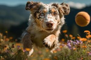 A dog with unique markings bounds playfully through colorful flowers under a clear sky, chasing a bright ball in the grassy field photo