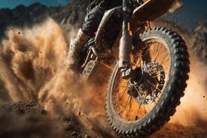 A rider navigates rocky trails, sending clouds of dust into the air as sunlight enhances the dramatic effect of off-road motorcycle riding photo