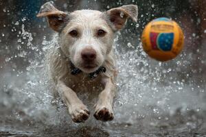 A white dog enthusiastically leaps through splashes of water, chasing a colorful ball in a playful outdoor scene during rain photo
