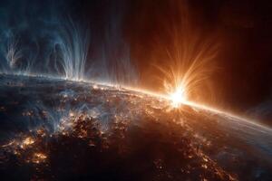A solar eruption bursts from the sun's surface, showcasing vibrant colors and dynamic movement in the sky, highlighting the sun's powerful energy photo