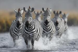 Zebras splash through shallow water as they run together in a beautiful natural setting under a clear blue sky photo