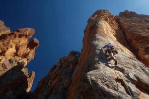 A climber makes their way up a steep rock formation during a sunny summer day, showcasing determination and skill amidst natural beauty photo