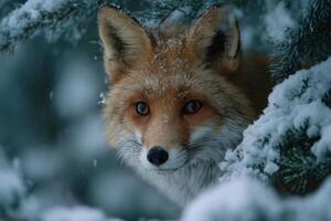 A red fox cautiously watches from behind snowy pine branches in a tranquil winter forest, showcasing its bright fur against the white background photo