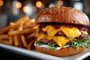 Juicy burger stacked with layers of cheese, barbecue sauce, and greens accompanied by a side of crispy golden fries in a cozy dining setting photo