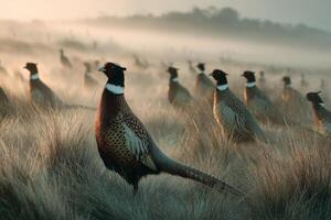 Pheasants gather in a serene, foggy grassland as the sun rises, showcasing their vibrant feathers and tranquil surroundings photo