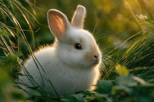 A fluffy white rabbit curiously navigates through vibrant green grass under the warm glow of sunset, surrounded by nature photo