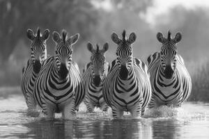 Five zebras walk through shallow water in a tranquil setting under clear blue skies, showcasing their striking black and white stripes photo