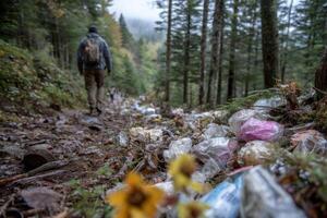 Hiker navigates a littered trail in a forest, surrounded by plastic waste and vibrant autumn foliage, highlighting environmental issues photo