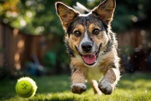 A joyful dog leaps through a lush green yard, chasing after a vibrant tennis ball on a sunny afternoon photo
