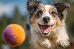 A joyful dog mid-air, eagerly chasing a vibrant ball in a sunlit park filled with greenery, showcasing boundless energy and excitement photo