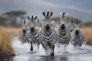 Zebras run energetically through shallow water, splashing as they cross a river in their natural habitat under clear skies photo