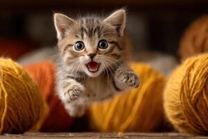 A cheerful kitten leaps joyfully in a warm room filled with vibrant yarn balls, showcasing playful feline energy and curiosity photo