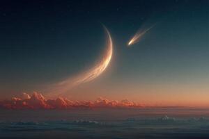 A stunning twilight sky showcases a crescent moon and bright comet, surrounded by soft pink and blue clouds, creating a tranquil atmosphere photo
