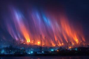 Bright hues of blue and orange light up the night sky over an industrial area, creating a captivating atmosphere with towering structures photo