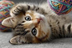 A young striped kitten plays with vibrant yarn balls while lying on a soft surface, showcasing its playful side in a warm atmosphere photo