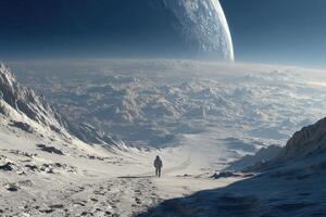 A solitary astronaut walks on a rugged lunar surface, gazing at a large planet and stars while the twilight sun sets beyond the horizon photo