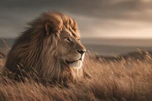 A powerful lion rests peacefully in tall golden grass as the sun sets over the African savanna, creating a tranquil atmosphere photo