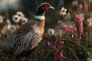 A vibrant pheasant is spotted in a lush meadow filled with wildflowers, illuminated by soft golden light during sunset photo