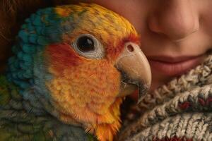 A vibrant parrot rests against the cheek of a person wrapped in a snug sweater, creating an intimate, warm atmosphere photo