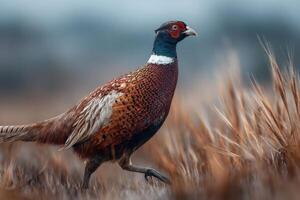 A vibrant pheasant strides through golden grass, showcasing its striking colors against a blurred, misty backdrop in the early morning light photo