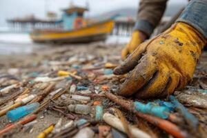 Dedicated individuals remove plastic waste from the sandy beach beside a fishing pier on a cloudy day, promoting environmental awareness photo