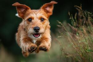 A playful dog jumps with excitement in a lush grassy area filled with wildflowers under clear blue skies photo