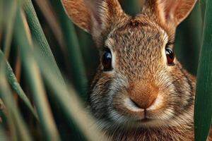 A rabbit observes its surroundings, partially hidden among lush green grass during a sunny day in nature photo