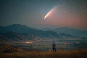 A person stands on a hillside, observing a bright comet streaking across the night sky, surrounded by mountains and a valley below photo