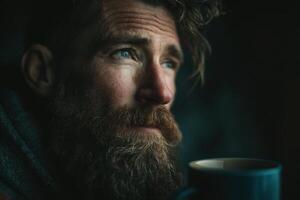 A contemplative man with a thick beard gazes off into the distance, holding a mug in a warm, softly lit environment during the evening photo