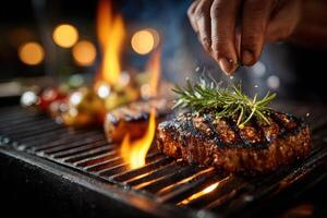 Hand sprinkles fresh herbs over a sizzling steak on a grill, surrounded by flames and colorful vegetables, enhancing flavors at night photo