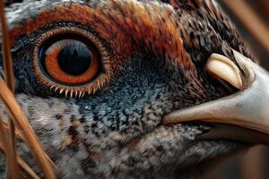 Detailed close-up captures a bird's eye with vivid colors and intricate feather patterns, revealing its beauty in a natural environment photo