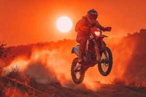 A motocross rider is executing an impressive jump against a stunning orange sunset, with dust trailing behind the bike in the foreground photo