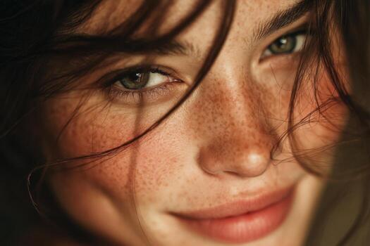 Soft sunlight highlights the freckles and green eyes of a young person with a gentle smile, creating an inviting atmosphere photo