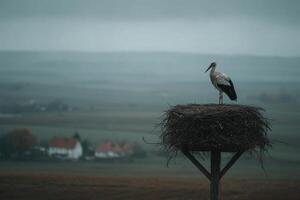 A stork stands on a large nest, overlooking misty fields and distant houses during early morning hours with subdued colors photo