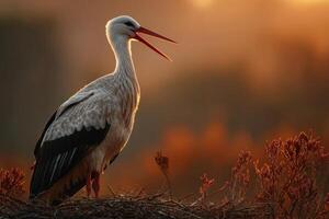 A stork calls out while perched on its nest during a vibrant sunset, surrounded by soft hues of orange and red in the sky and landscape photo