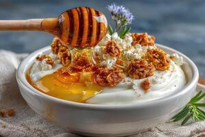 A bowl of creamy yogurt is beautifully topped with drizzled honey, crunchy granola, and fresh herbs, inviting a delightful breakfast experience photo