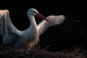 A stork displays its impressive wings while standing in a nest, showcasing vibrant plumage against a dark background at dusk photo