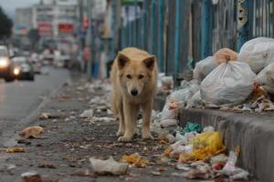 A stray dog walks along a dirty sidewalk littered with trash in a bustling city, highlighting urban challenges at dusk photo