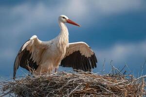 A stork with striking white feathers stretches its wings while perched atop a large nest made of twigs against a bright blue sky photo
