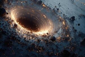 A black hole forms a swirling vortex in deep space, encircled by glowing particles and cosmic debris illuminating the darkness photo