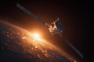 Satellite hovers above Earth, illuminated by the warm light of the sunrise, revealing surface details and atmospheric patterns photo