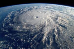 A massive hurricane churns over the ocean, showcasing its eye and spiral cloud formation during daylight from a space perspective photo