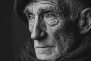 An elderly man with deep-set wrinkles and a thoughtful expression looks off to the side, wrapped warmly in a dark scarf photo