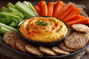 A colorful snack spread showcases fresh carrot sticks, celery, and a creamy hummus dip surrounded by crunchy crackers photo